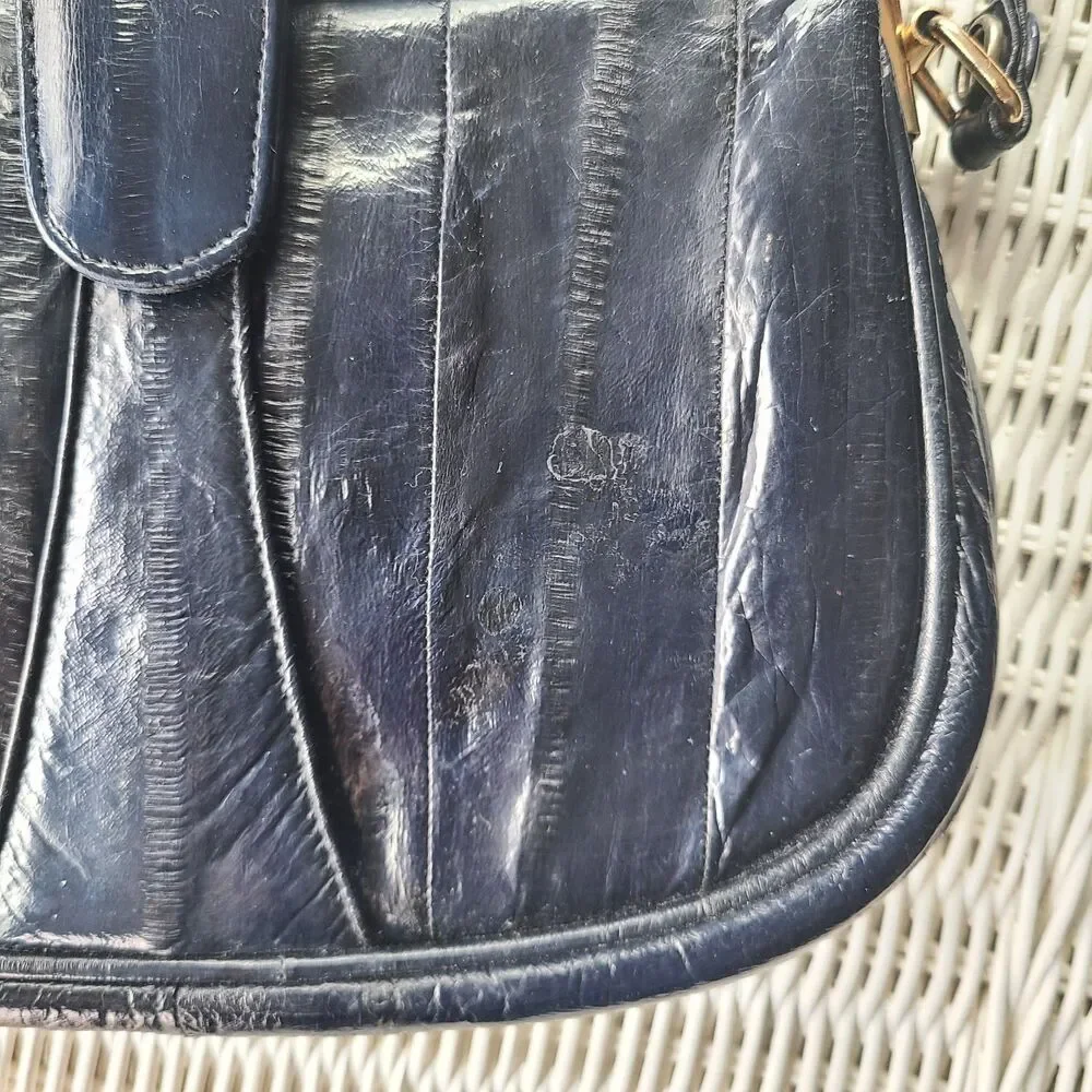 Vintage Retro 80s Genuine Eel Skin Navy Leather Handbag Shoulder Bag Purse
